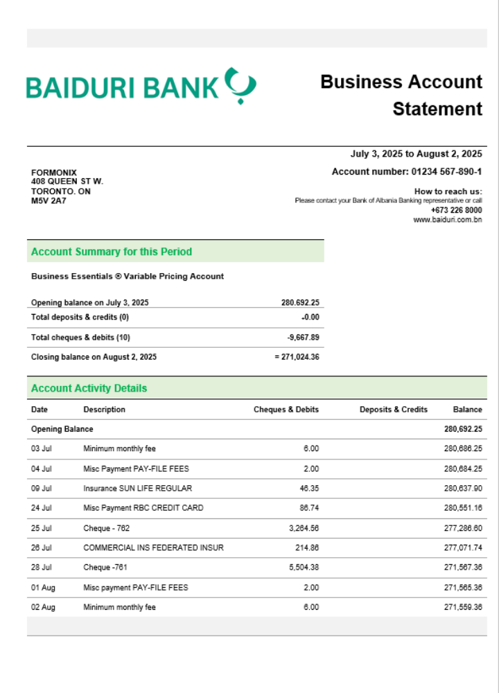 Modèle Word et PDF de relevé de compte professionnel de la Baiduri Bank